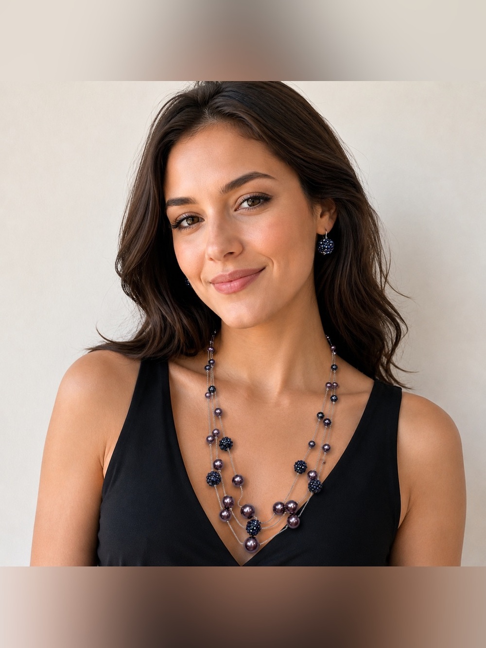 Lustrous Multi Strand Beaded Pave Necklace and Earring Set